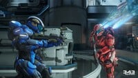 Two Spartans clashing, with one charging using their thruster.