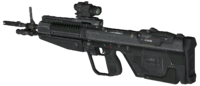 A rear-angle view of the M392 DMR from Halo: Reach Beta. Note the digital ammo counter readout says 12 rounds instead of the usual 15 rounds.