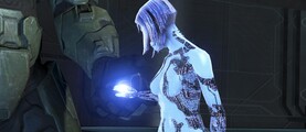 Cortana transferring herself back to the data chip after activating the spare Halo.