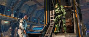 Halo: The Master Chief Collection press kit image featuring John-117 and Thom Shephard onboard UNSC Pillar of Autumn in Halo: Combat Evolved Anniversary campaign level The Pillar of Autumn.
