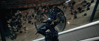 Civilians watch as a Sangheili Zealot falls to his death in Halo: Nightfall.