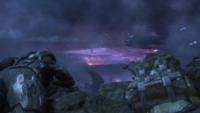 Noble Six and Jun-A266 overlooking a Covenant encampment.