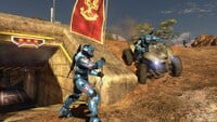 A Spartan carrying a flag in Halo 3.