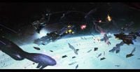 Various human and Covenant warships and fighters engage above the surface of a planet.