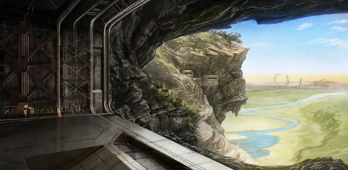 Concept art of the Crow's Nest hangar, with the African savanna stretched out below it.