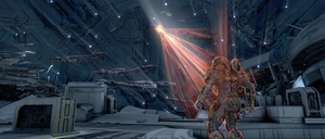 Chief is scanned while orbiting Requiem in the aft section of the Forward Unto Dawn.