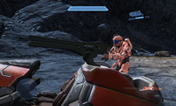 A Spartan using the turret in Halo 4.
