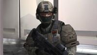 A UNSC Army trooper wearing shooting glasses.