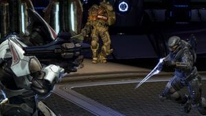 Members of NOBLE Team (Jorge-052 and SPARTAN-B312) fighting a Sangheili Ultra onboard the Ceudar-pattern heavy corvette Ardent Prayer during Operation: UPPER CUT. From Halo: Reach campaign level Long Night of Solace.