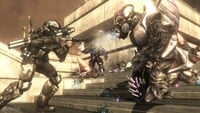 An ODST firing an M7S SMG at an Unggoy Ultra.