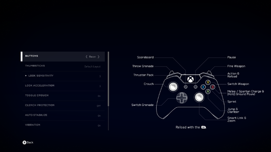 A screenshot of "Buttons" set to "Recon" in the Halo 5: Forge settings menu.Behind the game pause menu is pitch black.