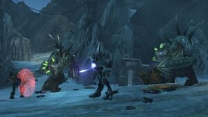 Covenant troops, including a pair of Mgalekgolo, a Sangheili Ultra, and a Kig-Yar Major, inside the cavern containing the Babd Catha Forerunner vessel underneath SWORD Base during Operation: WHITE GLOVE. From Halo: Reach campaign level The Package.