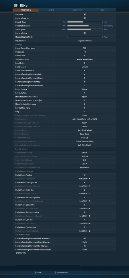 Multiple screenshots merge into an image of the entire "CONTROLS" ("Input Device": "Keyboard/Mouse") setting menu of Halo Wars: Definitive Edition (Windows).Every setting and every binding is set by default.Behind the menu, there's no background video because .bik background files were removed from the game folder.