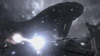 A Mark 2488 Onager fires upon a Covenant cruiser descending upon Asźod as surviving UNSC forces mount their escape.