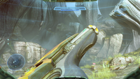 First-person view of a melee attack while wielding the fuel rod cannon.