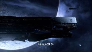 A screenshot of UNSC Infinity and its battlegroup in the Halo 5 main menu.