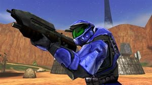An image of a Spartan in Combat Evolved with a green visor.