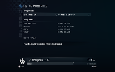 A screenshot of "Flying Controls" in the Halo: Reach settings menu.Behind the game pause menu is pitch black.Note: The screenshot was taken from the emulator Xenia.