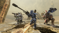 Multiplayer Spartans wearing the new armors on Sandtrap.