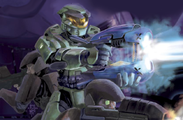 John-117 firing a plasma rifle in Halo: First Strike.