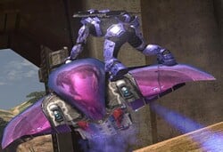 Promotional image for the Alpha build of Halo 3 featuring a Spartan boarding a Karo'etba-pattern Ghost on the multiplayer map High Ground. Cropped from an image from Bungie.net.