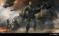 Concept art of John Forge standing in front of his Warthog for Halo Wars 2.