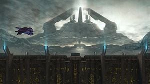 A Kez'katu-pattern Phantom approaching the Sentinel wall on Installation 05. From Halo 2 campaign level Sacred Icon.