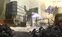 Halo 3: ODST concept art depicting UNSC and Covenant forces engaged in a firefight.