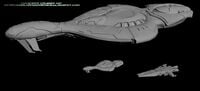An early blockout of the Maugen-pattern cruiser (top), based on the Ket battlecruiser model found in Halo: Reach.