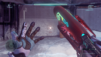 The Brute Plasma Rifle overheating in the player's hands.