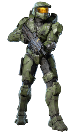 John-117 wielding an MA40 assault rifle in Halo Infinite. Image from Canon Fodder #117. Slightly cropped so that John-117 is centered in the image (looks nicer).