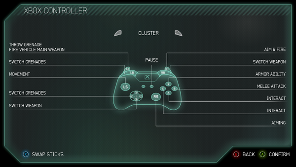 A screenshot of the selected “CLUSTER” and stick layout is set by default in the “CHANGE CONTROLS” (“SELECT INPUT METHOD”: Controller) setting menu of Halo: Spartan Strike (Windows) (Steam).