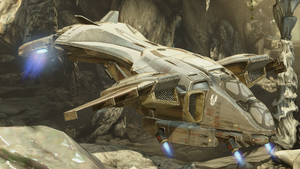 Pelican 595 during the Battle of Requiem, as seen in Halo 4 campaign level Infinity.