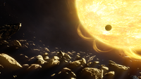 The planetoid in front of the sun.