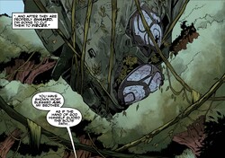 A panel from Halo: Escalation showing a Pelican crashed in the jungle of Aktis IV