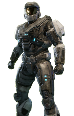 B-class Mjolnir with Mark V baseline helmet and shoulders from Halo: Reach armor permutation in Halo: The Master Chief Collection menu.