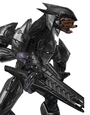 A crop of a Sangheili wearing a combat harness and wielding a Zubo-pattern beam rifle. Originally used in the MCC menus until the customisation updates in 2020.