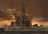 New Mombasa skyline as it appears in Halo 2, with the New Mombasa Orbital Elevator and a Covenant Assault Carrier.