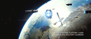 The UNSC Home Fleet and Cairo Station. Screenshot from Halo 2 Anniversary level The Heretic.