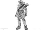Shi Kai Wang's preliminary sketch of the Master Chief in early design of MJOLNIR armor for Halo: Combat Evolved.