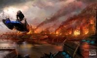 Concept art of the city in flames.