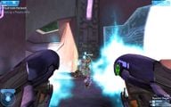 First-person view of a player dual-wielding plasma rifles on Midship.
