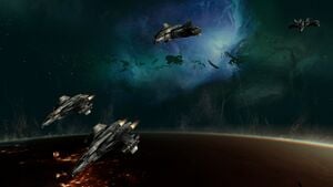 Four FSS-1000 Sabres during Operation: UPPER CUT in orbit above Reach. From Halo: Reach campaign level Long Night of Solace.