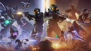 Halo and Xbox 20 Year Celebration logoless artwork featuring John-117 from Halo: Combat Evolved and Halo Infinite.