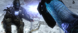 Alpha-Nine member Edward Buck meets a Huragok at Tayari Plaza in New Mombasa Sector 6. From Halo 3: ODST campaign level Tayari Plaza.