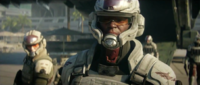 A close-up of a UNSC Marine in New Phoenix in Halo 4.