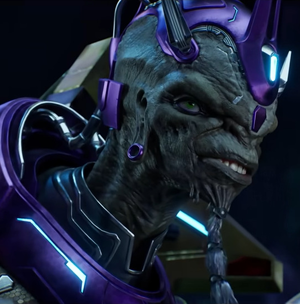A closeup screenshot of the Minister of Harmony's face.