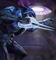 Concept art of a Sangheili armed with an energy sword on the ship.