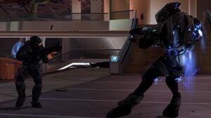 NOBLE Team's SPARTAN-B312 fighting a Sangheili Ranger inside New Alexandria Hospital during Siege of New Alexandria. From Halo: Reach campaign level New Alexandria.