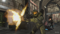 John-117 fires his Battle Rifle at invading Covenant troops.